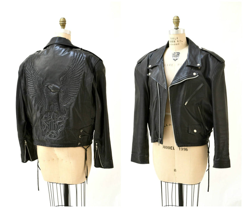 Vintage Black Leather Jacket  Motorcycle Biker Jacket with Eagle Bird Large XL// Vintage Black Leather Biker Jacket Jeff Hamilton JH Leather