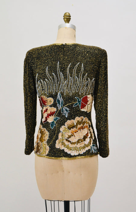 80s 90s Vintage Beaded Shirt Top Gold Floral Sequin Top Flowers// Vintage Beaded Party Top Flower Sequins Christmas Xmas New Years Party Top