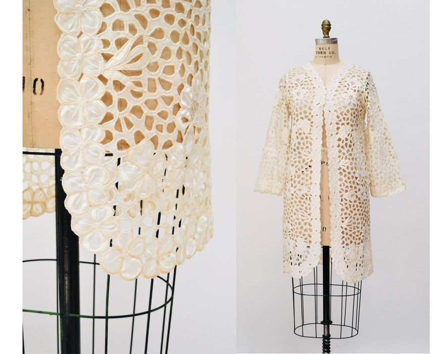 Vintage Cream Off White Cotton Eyelet lace Jacket Duster Cream Lace Jacket Beach Cover up Small Medium Lace Beach Wedding Jacket Rustans