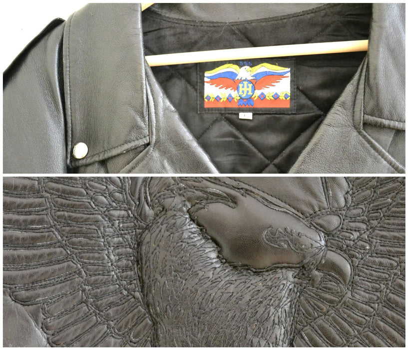 Vintage Black Leather Jacket  Motorcycle Biker Jacket with Eagle Bird Large XL// Vintage Black Leather Biker Jacket Jeff Hamilton JH Leather