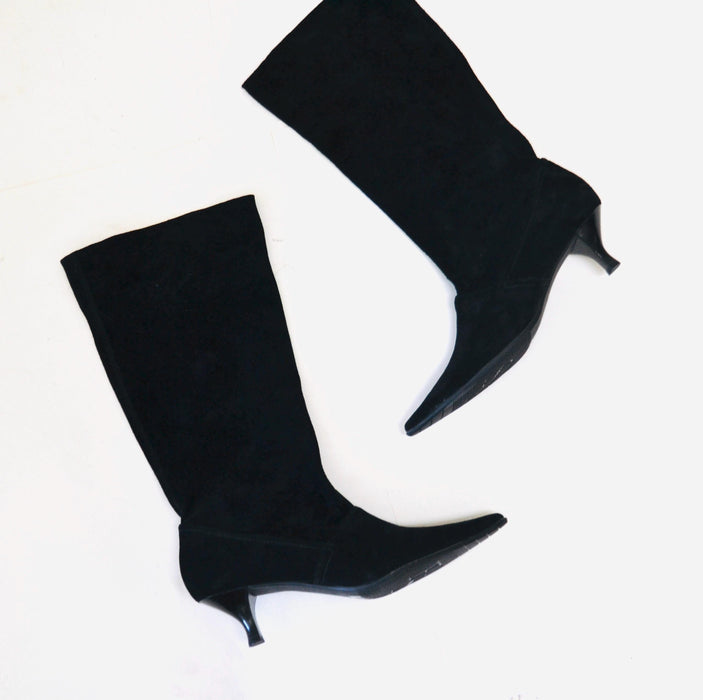 90s Y2K 00s Vintage Black Leather Boots Size 7 1/2 High Heel Pointed Toe Kitten Heel// Vintage Size 7 1/2 Black Leather Boots Franco Sarto