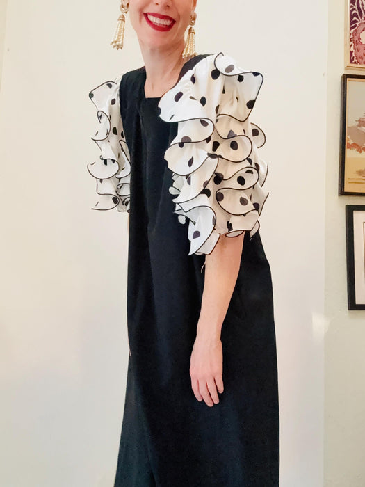 80s 90s Victor Costa Hostess Dress With Polka Dot Ruffle Sleeves// Vintage  Black Maxi Long House Dress Black White Polka Dot Medium Large