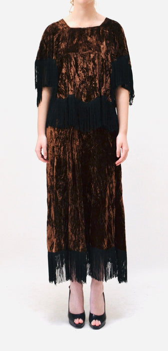 70s AMAZING Vintage Brown Crushed Velvet Fringe Top and Skirt By David Silverman Made in England Fringe 70s Festival Boho Top Skirt Dress