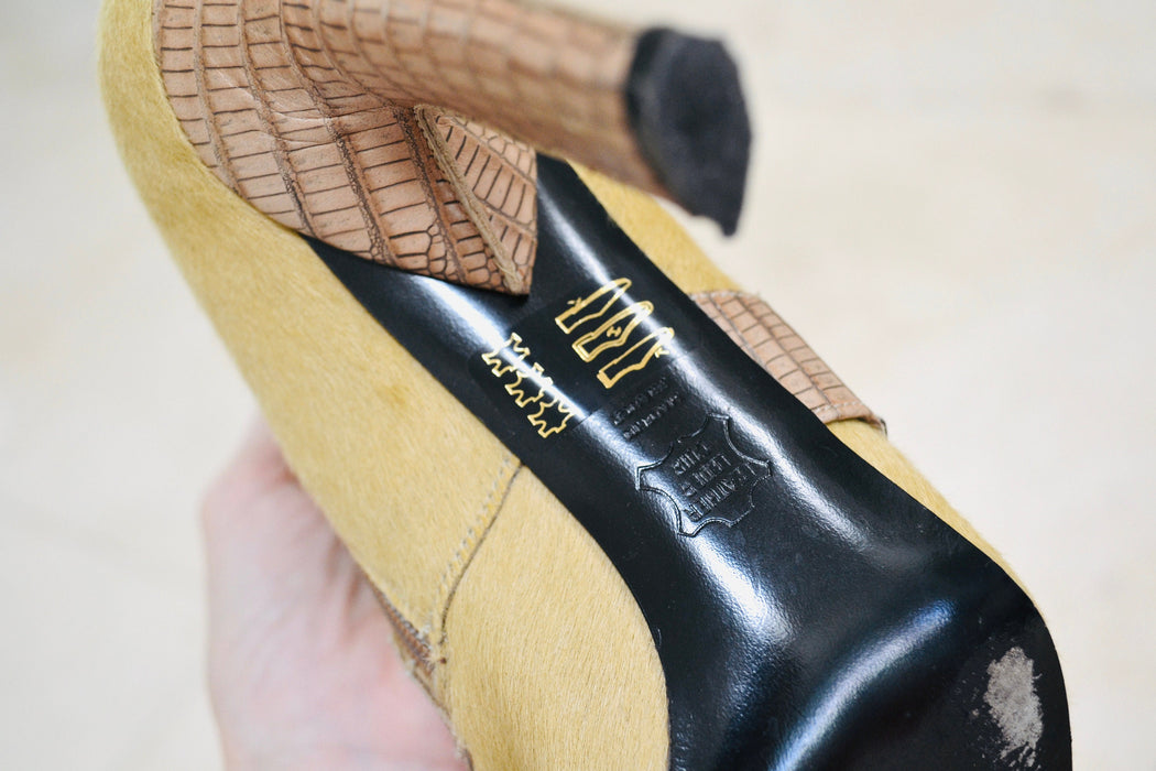 Vintage 90s 00s Pony Hair Leather High Heel Booties 6 1/2 7 By Lagerfeld// Pony Hair high heel Cropped Boots 6 1/2 Camel Tan Made in France
