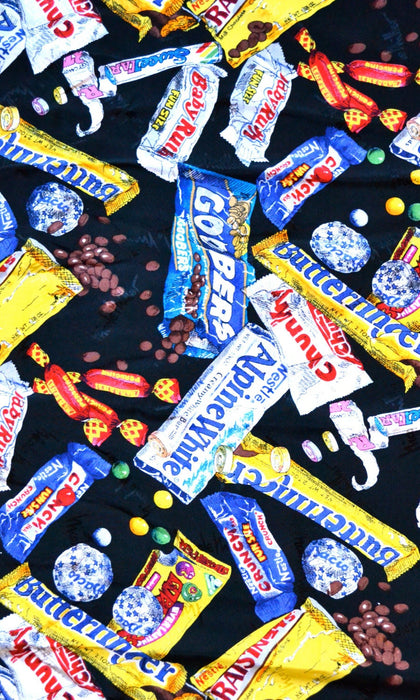90s Vintage Nicole Miller Silk Large Scarf with Junk Food Candy Chocolate Butter Fingers Pop Art
