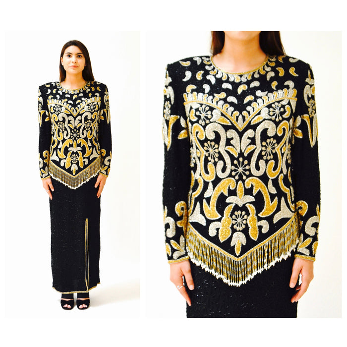 80s 90s Vintage Black Metallic Beaded Dress Evening Gown Large XL//  Black Gold Silver Beaded Long Sleeve Dress Pageant Gown Large XL