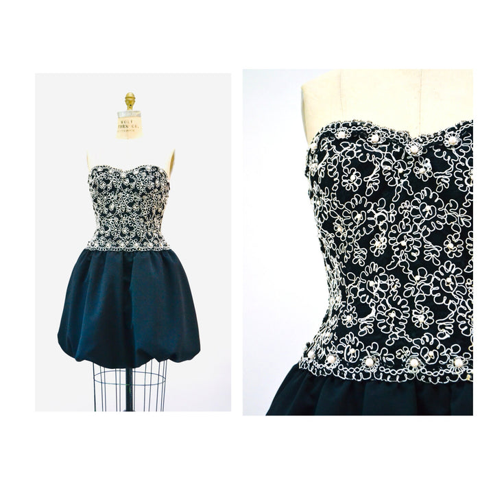 80s 90s Vintage Black Lace Strapless Party Dress Pearl Black Dress Glam Prom Pageant Bridesmaid Dress Medium Lace Pear Bubble Skirt Small