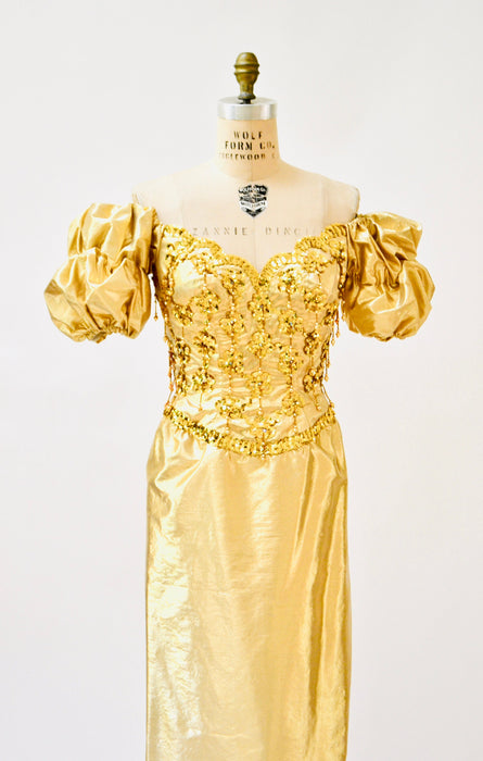 Gold Metallic 80's Prom Dress Evening Gown Medium Large// 80s Vintage Gold Drag Queen Pageant Dress Evening Gown Mike Benet Medium Large