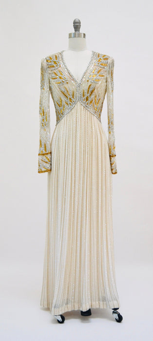 80s 90s Vintage Silver Gold White Cream Beaded Gown Dress Small Medium Bob Mackie Silk// Vintage Wedding Gown Beaded Art Deco Gown Small