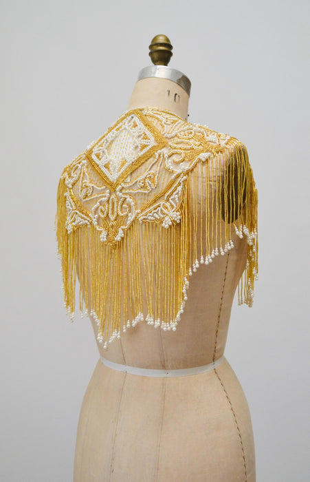 Vintage Gold Beaded Pearl Shawl Wrap Burlesque Wedding Flapper Gold Metallic Beaded Vintage Fringe Collar Shawl GOld White Pearl Sharmark