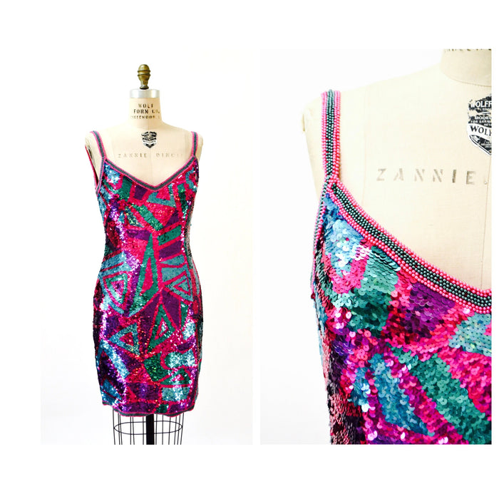 Vintage Sequin Dress Metallic Dress Pink Purple Sequin Dress XS Small // 90s Prom Dress Sequin Dress Sleeveless BodyCon Alyce Designs