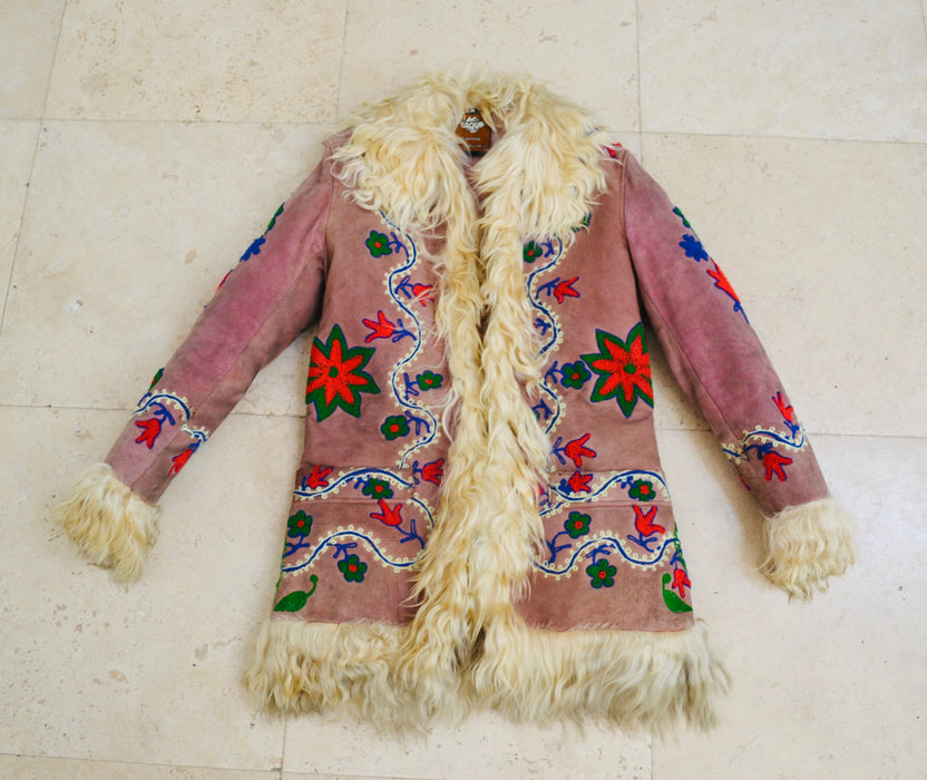 Vintage Embroidered Shearling Afghan Jacket Coat Small Medium//  70s Shearling Coat Embroidered Sheepskin Fur Boho Afghan Jacket By Yaqub