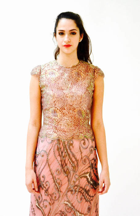 90s 00s Vintage Pink Lace Silk Bias Cut Dress Small Wedding Party Gown// 90s 00s Bias cut Gown Long Dress Metallic Lace Butterfly Print