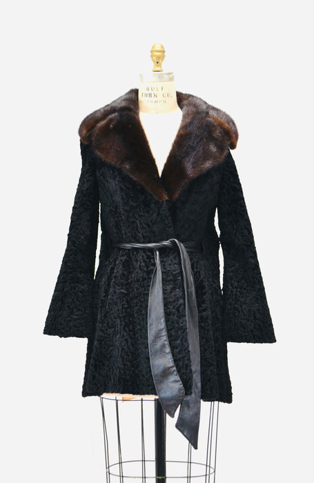 Vintage Black Persian Lamb Mink Fur Collar Coat Jacket Black Brown Broadtail leather Belted Jacket Trench Small Medium By Galleries Furs