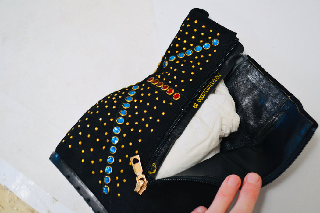 2000s Y2K Black Leather Studded Boots by Love Moschino size 39 9 Black Hidden High heel Metallic Studded Boots Suede Size 9 Love Moschino