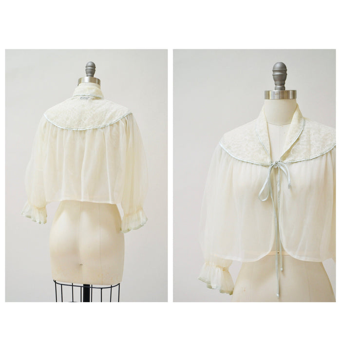60s 70s Vintage Peignoir Sheer Top Nightgown White Blue Shirt Small Medium Wedding Honeymoon Nightgown // Vintage Lingerie Peignoir Kathryn