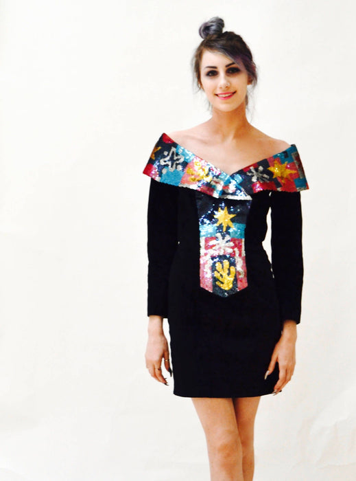 90s Black Leather Suede Dress Metallic Sequin Black Body Con Dress by Michael Hoban North Beach XS Henry Matisse Art Art Basel Long Sleeve