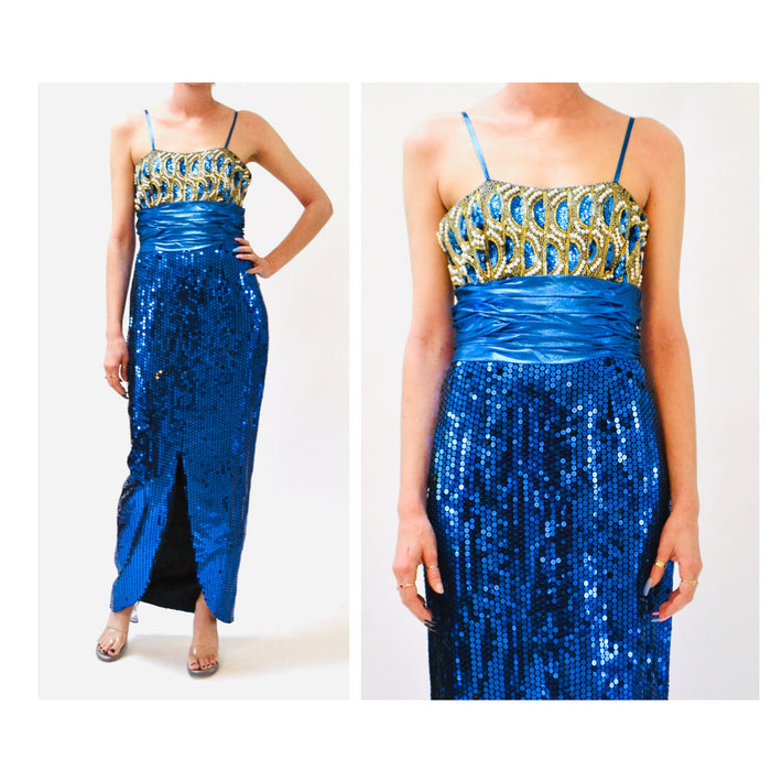 Vintage 80s Prom Dress Blue Sequin Metallic Gown Small// 80s Party Blue Metallic Sequin Beaded Pageant Dress Small Medium Alyce Designs