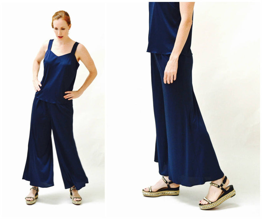 70s Vintage Wide Leg Palazzo Pants and Tank Top Cami Navy Blue Large// Vintage 70s Pantsuit Set Wide Leg Pants Knit Navy Blue