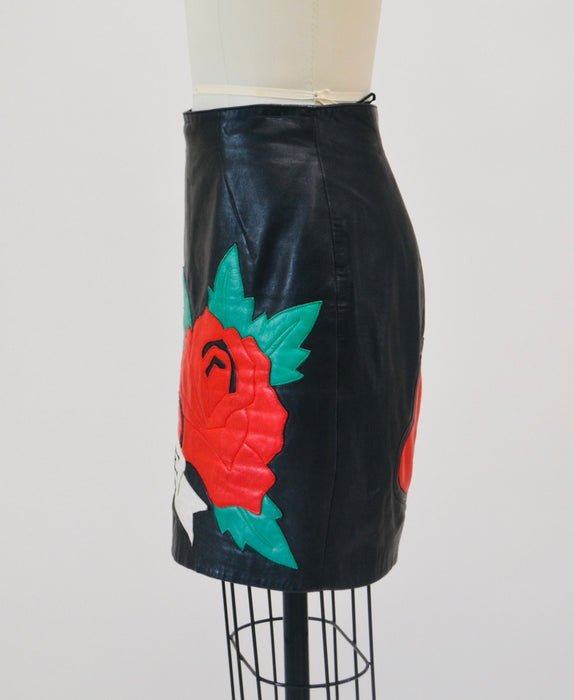 Vintage Black Leather Skirt with True Love Heart by Michael Hoban North Beach// 90s Vintage Black Leather Skirt XS Small Tattoo