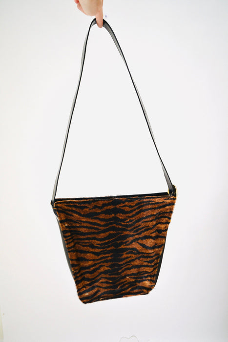 90s Vintage Tiger Stripe Pony Hair Leather Purse Black brown Zebra Stripe Leather Handbag Charles Jourdan Medium Purse Made in France