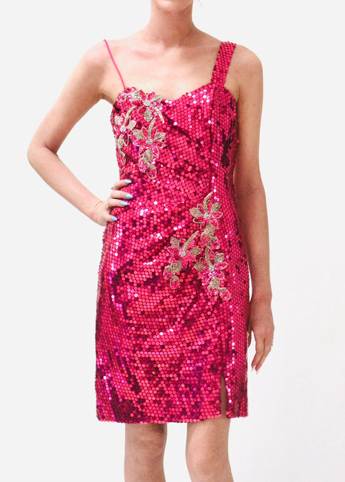 80s 90s Vintage Pink Sequin Dress Prom Dress xs Small// 80s Metallic pink Sequin Dress Nadine XS Small 80s Barbie Pageant Drag Dress
