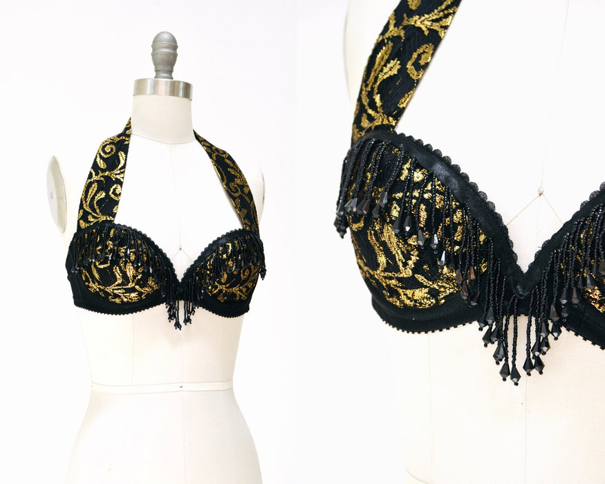 80s 90s Black Lace Bra Showgirl Beaded Fringe Halter neck Bra Crop Top Gold beaded fringe top 80s Madonna Costume top Black Lace Fringe Bra