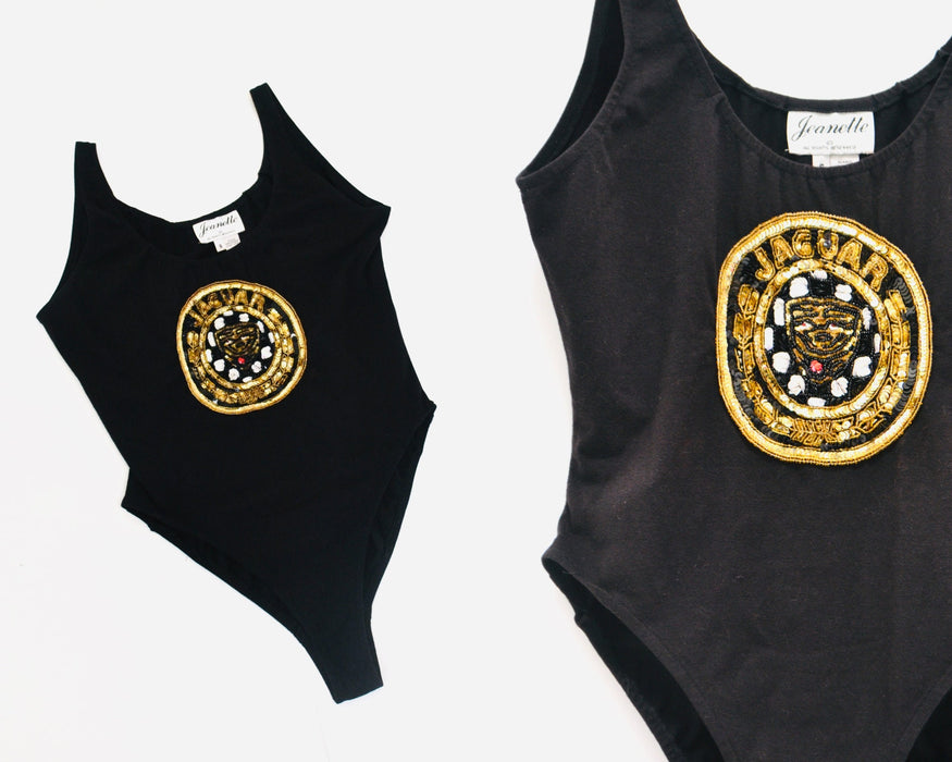 90s Black Sequin Body Suit Knit Body Suit Leotard High Cut 80s 90s body Suit with Sequin Jaguar Car Logo By Jeanette Kastenberg Small Medium