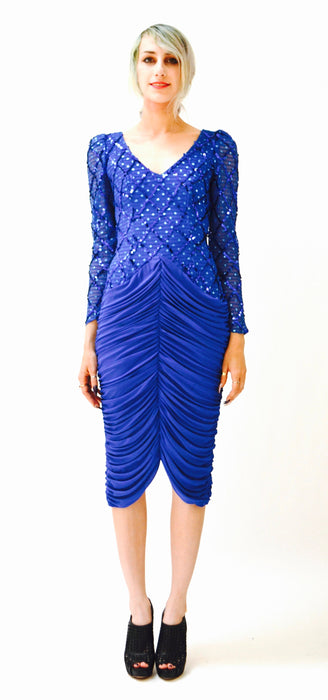 80s Prom Dress Blue 70s Disco Body Con Stretch Knit Dress XS small Metallic Blue Sequin Dress Party Pageant Dress long sleeve Open Back