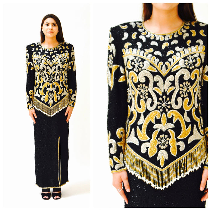 80s 90s Vintage Black Metallic Beaded Dress Evening Gown Large XL//  Black Gold Silver Beaded Long Sleeve Dress Pageant Gown Large XL