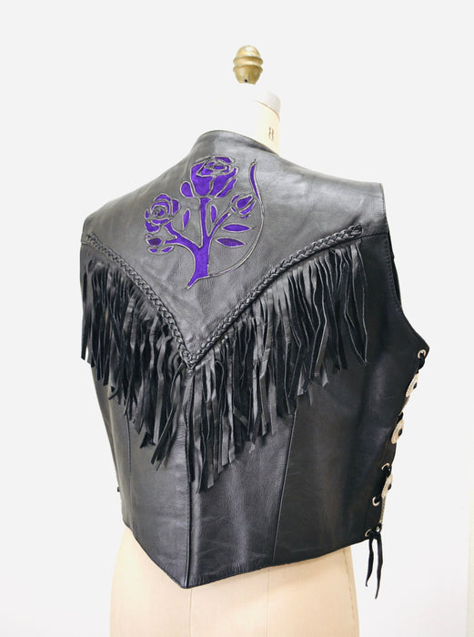 80s 90s Vintage Black Leather Fringe Vest Large PUprle Rose Fringe leather Vest Cowboy Cowgirl Rodeo Biker Festival Vest Large XL