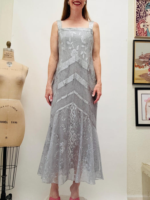 90s Vintage Gray Lace Sleeveless Dress and Jacket Wedding Reception Metallic Silver Gray Casual Lace Dress and Jacket Small Medium Damianou