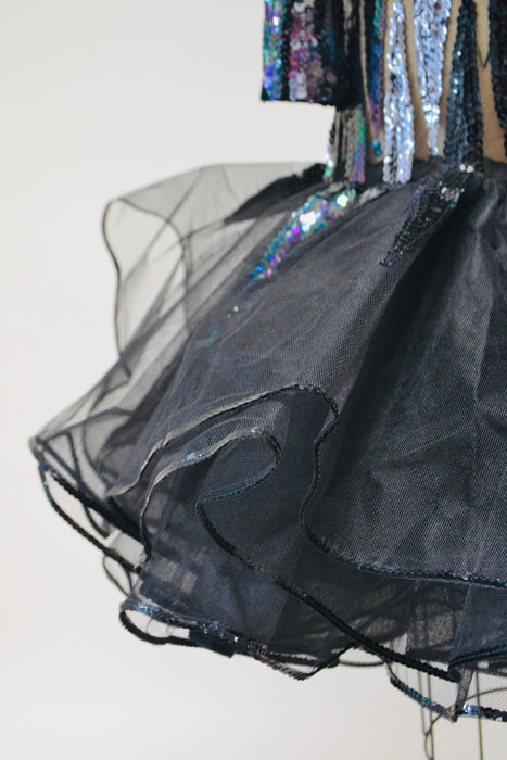 Vintage 80s Black Sheer Sequin Dress by Victor Costa Small// 80s Black Metallic Sequin Prom Party Dynasty Dress Long Sleeve Ruffle Skirt