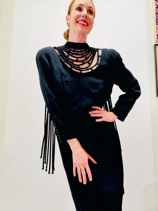 80s Louis Feraud Vintage Black Fringe Dress Black Designer Cocktail Long Sleeve Dress Medium Large// 90s Black Party Little Black Dress