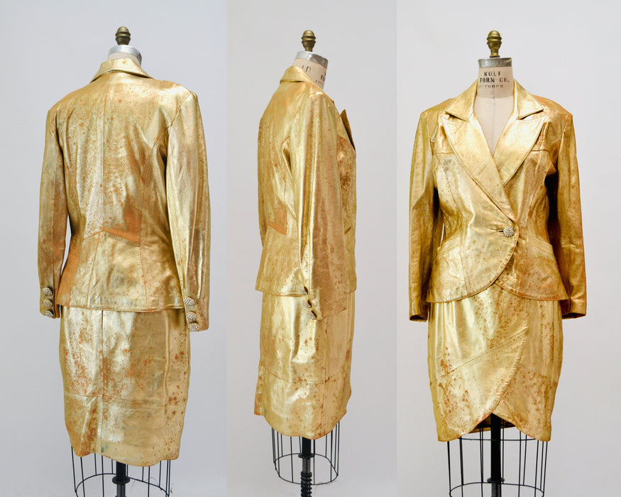 80s 90s Vintage Gold Metallic Rhinestone Leather Suit Jacket Skirt Set Lillie Rubin Medium Large 80s Glam Gold Studded Leather Jacket Skirt