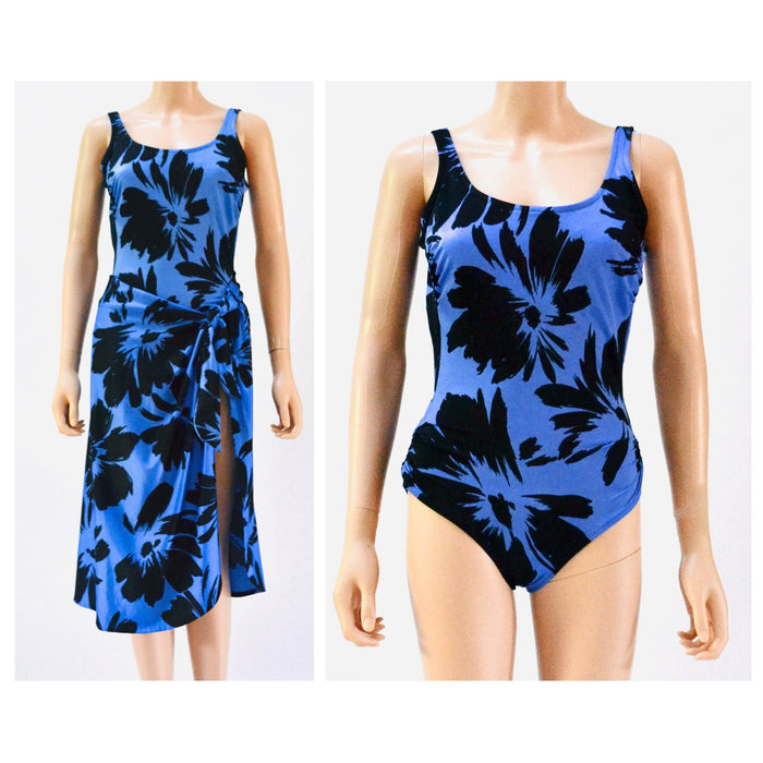 1970s 80s Swimsuit One Piece and Wrap Skirt Beach Coverup Set By DeWeese Designs Floral One Piece Swim Set with skirt 70s 80s Pool Party