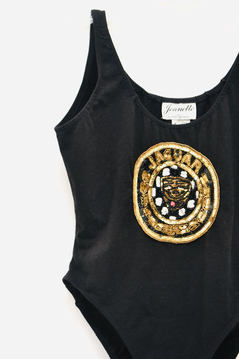 90s Black Sequin Body Suit Knit Body Suit Leotard High Cut 80s 90s body Suit with Sequin Jaguar Car Logo By Jeanette Kastenberg Small Medium