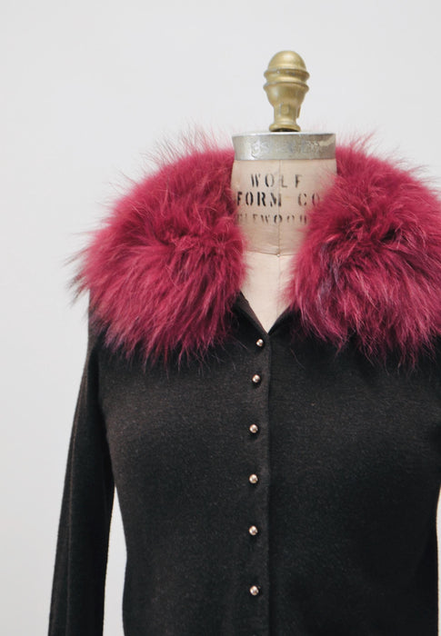 Vintage Y2K Fox Fur Collar Cardigan Sweater Red Brown Sweater Cardigan Top Small Y2k Brown Wool Cardigan Sweater Fox Fur collar Sweater top