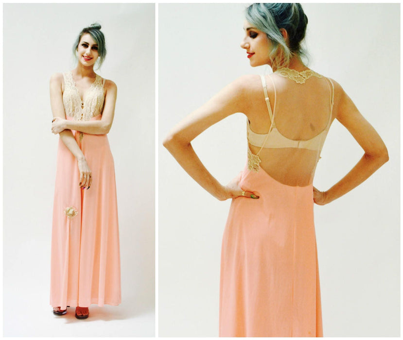 Vintage Nightgown Camisole Chemise Dress Small Pink Lace Cream Wedding Honeymoon Night gown// Vintage Lingerie Slip Dress Bridal