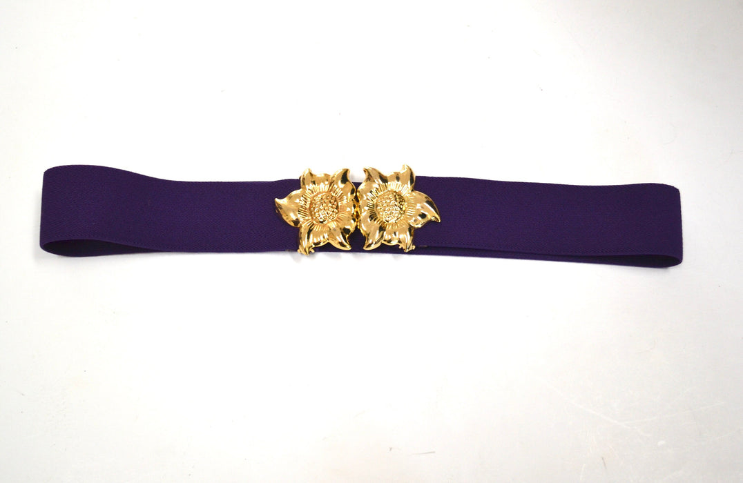 80s 90s Vintage Gold Flower Belt Buckle Purple Stretch Elastic Belt Gold Flower Metal Belt Small Medium Large XL Purple Flower Wedding Belt