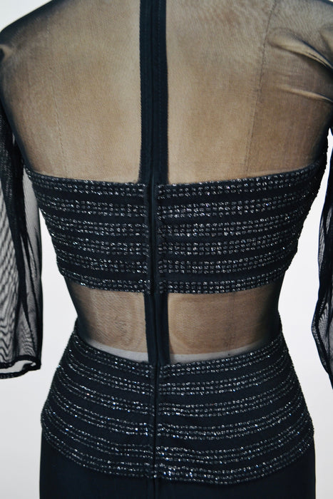90s Vintage Black Metallic Evening Gown Prom Dress Illusion Dress Small // Black 90s Mesh Cut out Dress Bondage Dress Small Medium Tadashi