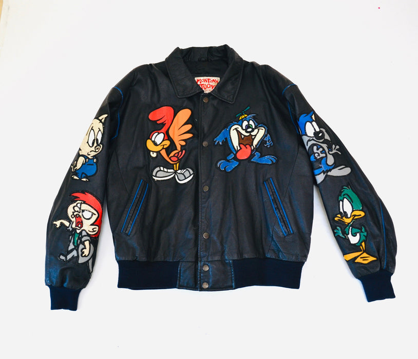 80s 90s Vintage Tiny Toons Adventures Leather Jacket Looney Tunes Cartoon Large Montana Toons Leather Jacket Warner Bros Taz Bugs Bunny