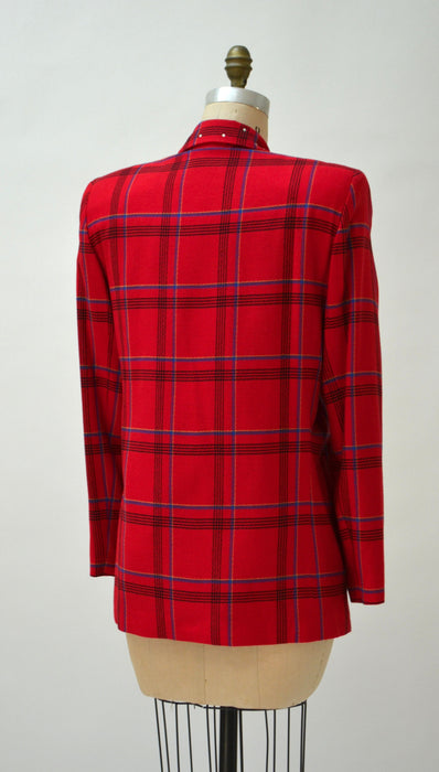 90s Vintage Red Plaid Jacket Blazer with Rhinestones Red Plaid Blazer 80s 90s Glam Power Suit Small Medium Criscione Christmas Party Jacket