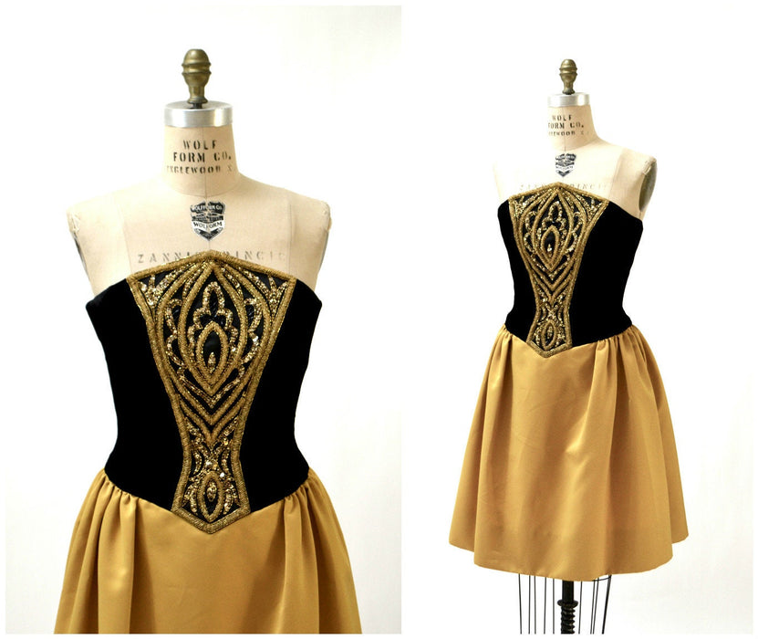 Vintage Bob Mackie Dress Black Strapless Velvet Dress Beaded Sequin Dress Black Yellow Gold Small Medium// 90s Vintage Pageant Party Dress
