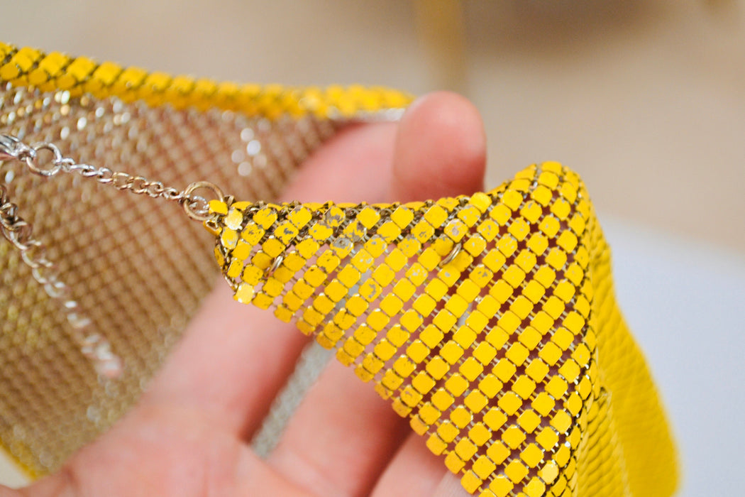 70s 80s Yellow Metal Chainmail Collar Necklace Bib Vintage Chainmail Necklace 70s yellow Chainmail bib NECKLACE Wedding Disco Necklace