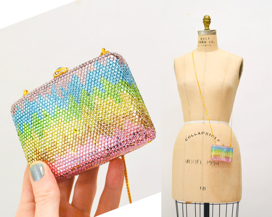 90s Vintage Metal Crystal Evening Bag Swarovski Crystal Rainbow Pastel Pink Blue Gold Evening Bag K Baumann 90s Small Crystal Evening Bag