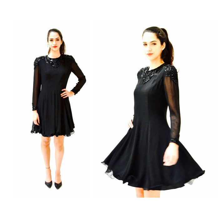 90s Vintage Black Silk Party Dress Black Sequin Beaded Dress Small Medium// 90s Prom Party Vintage Black Sequin Dress Long sleeve Dress
