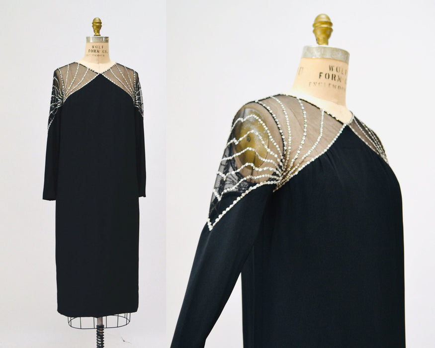 70s 80s Vintage Black Rhinestone BOB MACKIE Dress Medium Large // Vintage Black Illusion Dress// Metallic Rhinestone Party Cocktail Dress