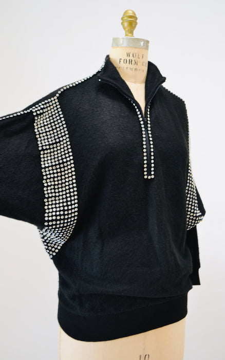 80s 90s Glam Black Sweater Top Vintage Black Rhinestone Sweater Jumper Pull over 80s Rhinestone Party Sweater Dolman Sleeves Small Medium