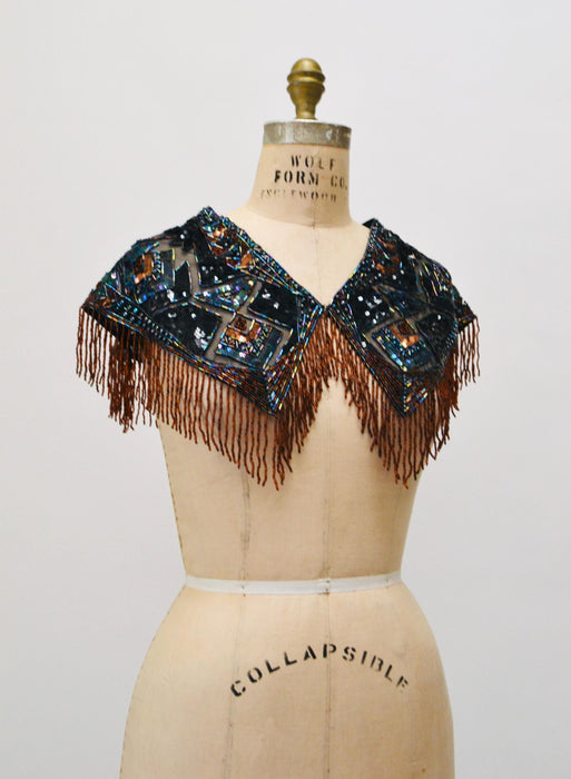 90s Vintage Beaded Fringe Shawl Wrap Burlesque Wedding Flapper Brown Black Metallic Beaded Vintage Fringe Collar Shawl Showgirl Festival